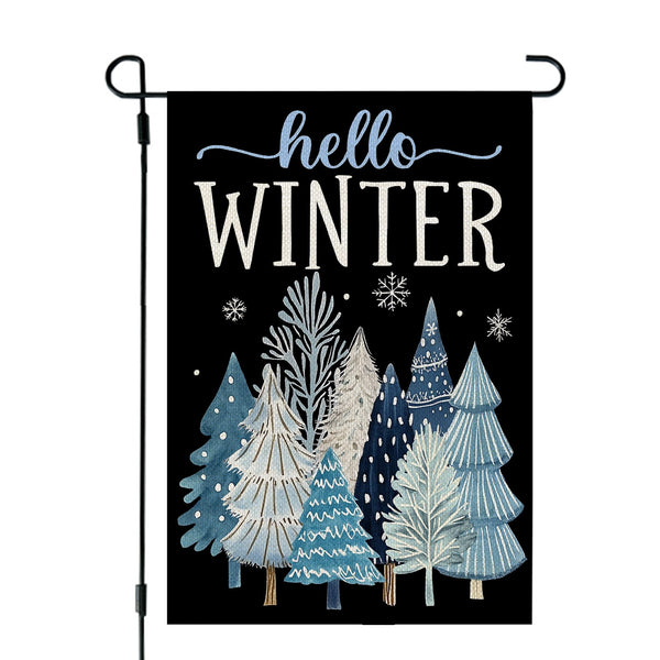 Hello Winter Garden Flag Trees 12x18 Inch 1-Sided Blue Decoration for Outside Yard