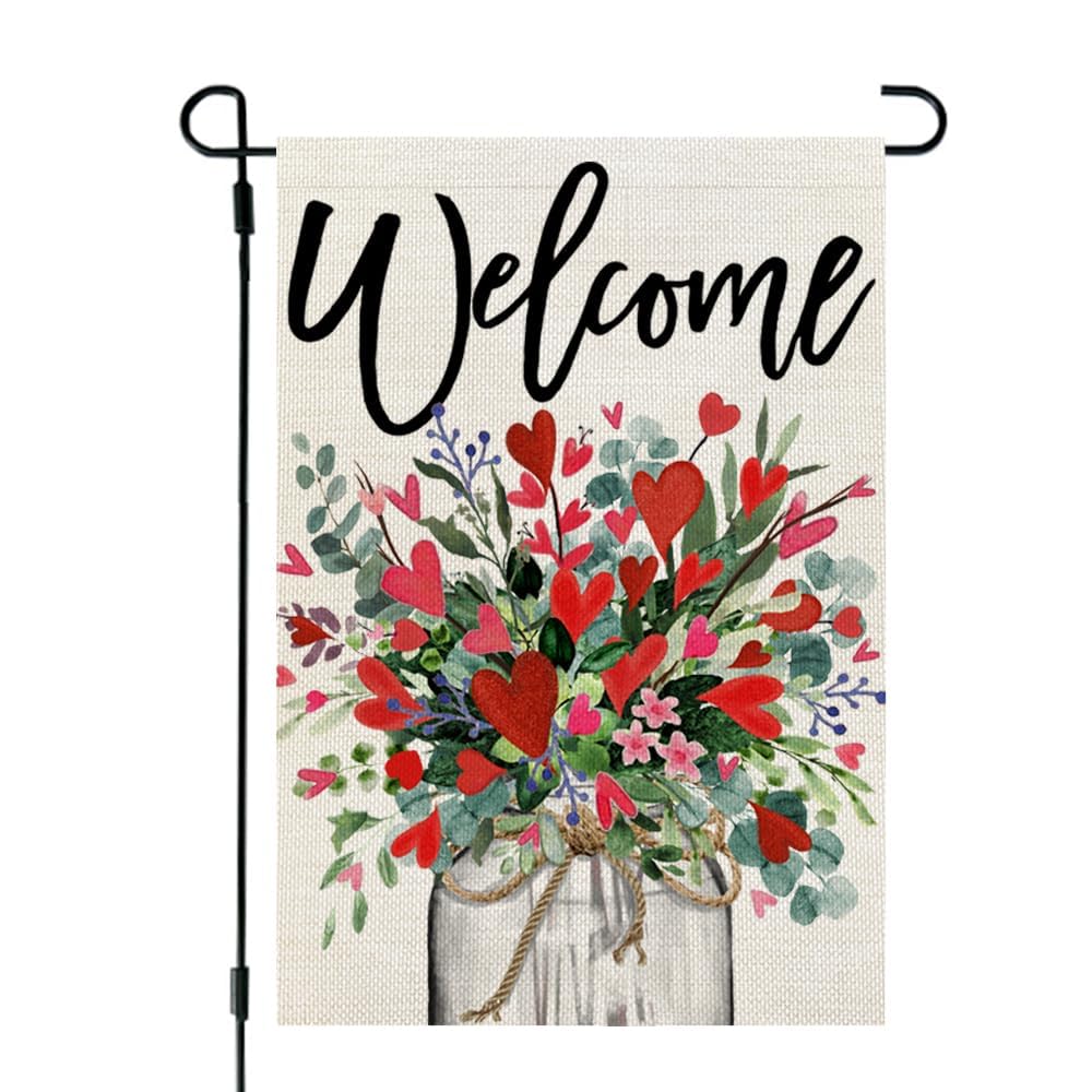 Valentines Day Floral Mason Jar Garden Flag 12x18 Inch 1-Sided for Outside Welcome Burlap