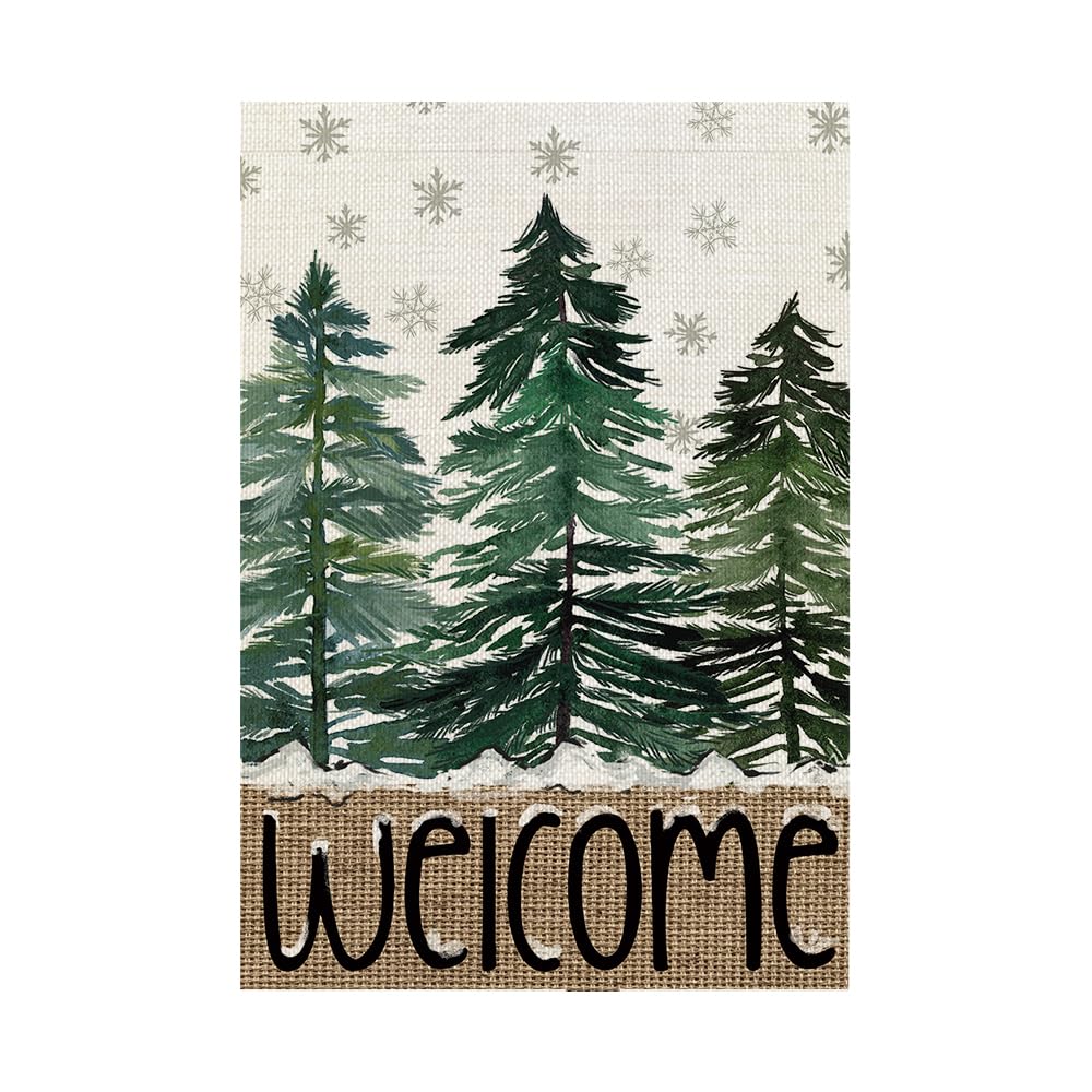 Christmas Winter Garden Flag 12x18 Inch 1 Sided for Outside Snowflakes Pine Trees Welcome