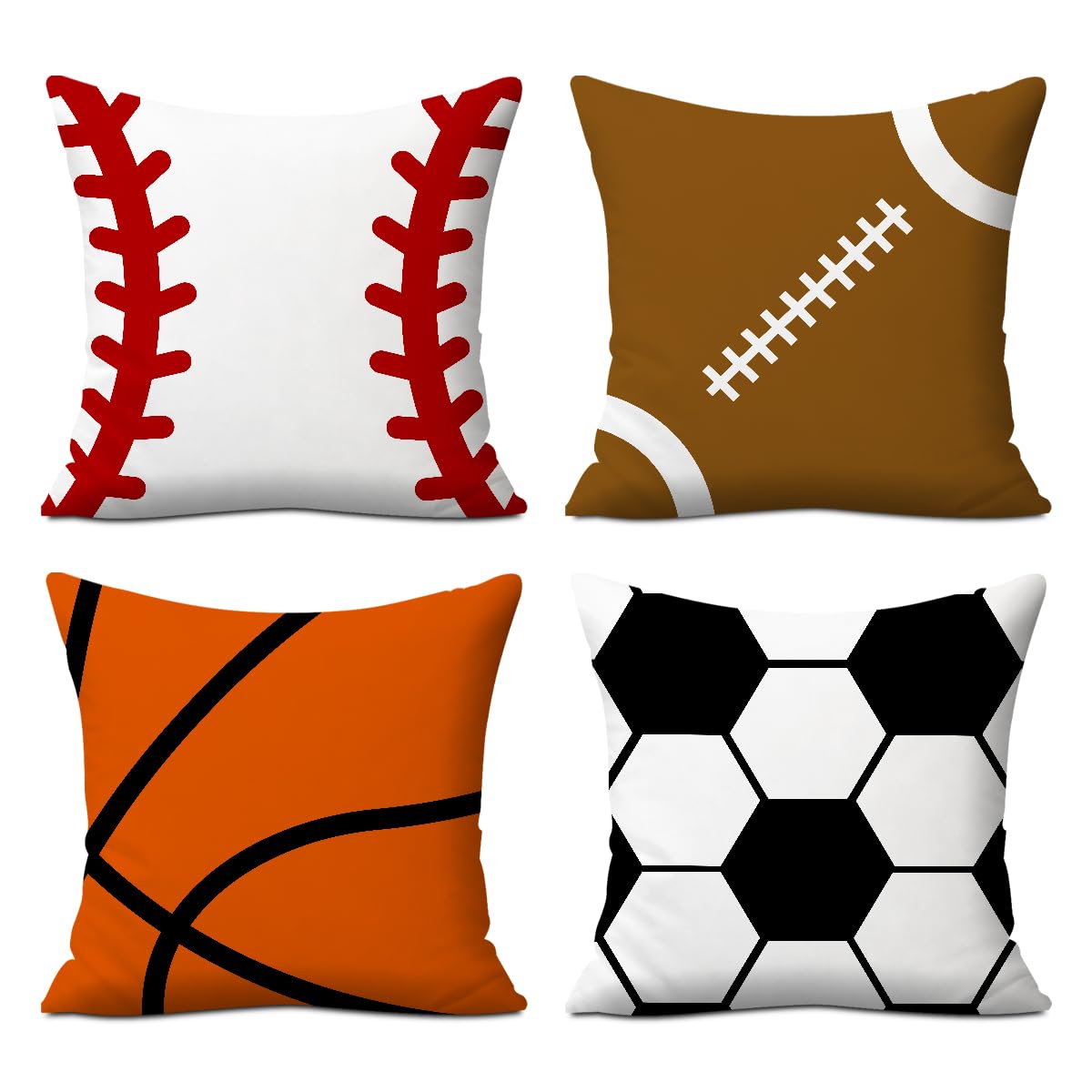 4PCs Secret Santa Gifts Sports Balls Pillow Covers Rugby, Basketball, Baseball, Soccer Throw Pillow Covers 18x18