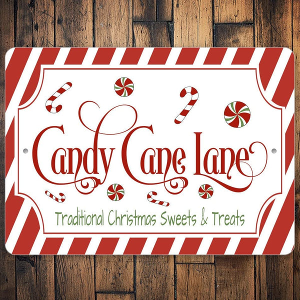 Candy Cane Lane Retro Metal Tin Sign Traditional Christmas Sweets and Treats Print Wall Art