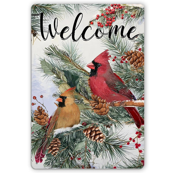 Cardinal Decor Metal Poster, Welcome Winter Cardinal Wall Decor, Outdoor Winter Decorations