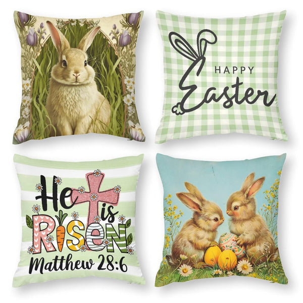 Waterproof Easter Pillow Covers Set of 4, Retro Floral Happy Easter, 1-Side, Cotton Linen