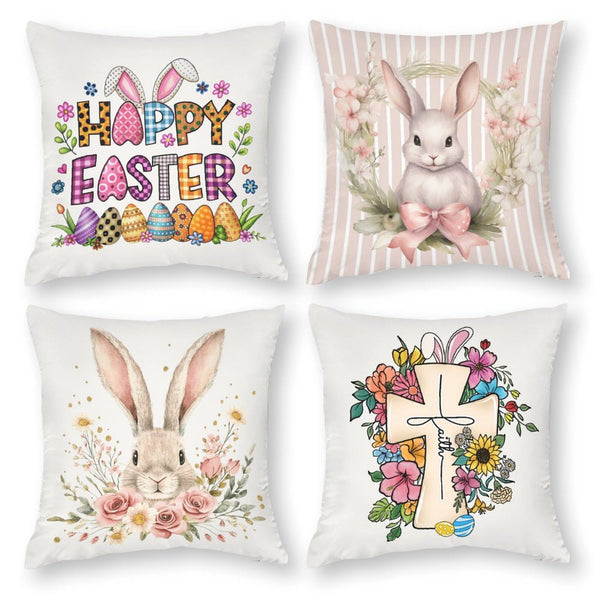 Waterproof Easter Throw Pillow Covers Set of 4, Rustic Floral Bunny, 1-Side, Cotton Linen