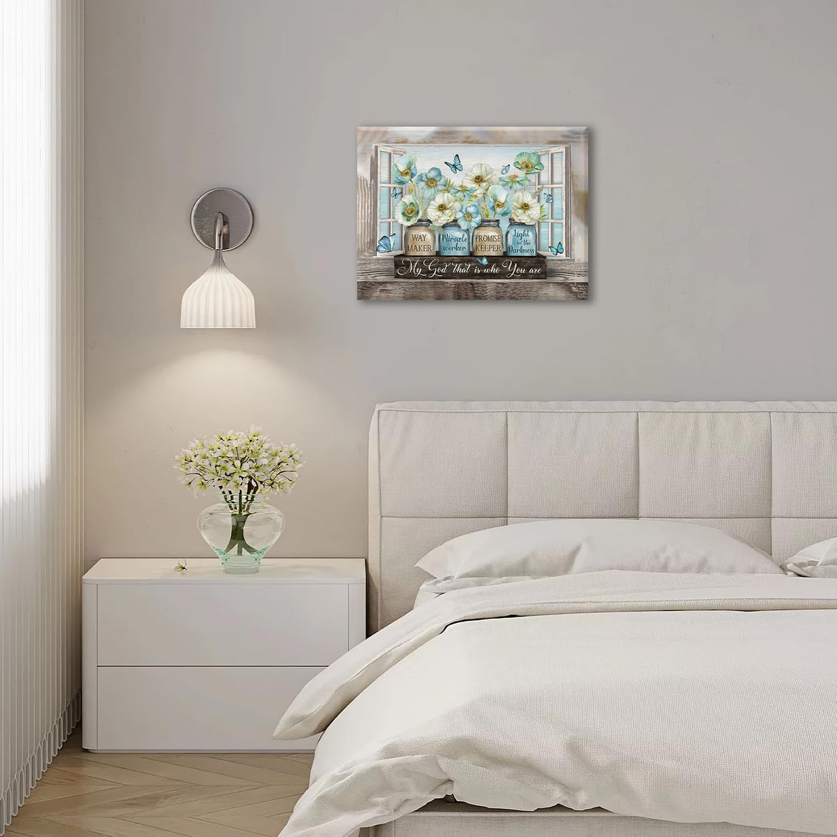 Christian Flower Wall Art Farmhouse Blue Floral Butterfly Wall Decor Country Quotes Canvas Print Painting Artwork