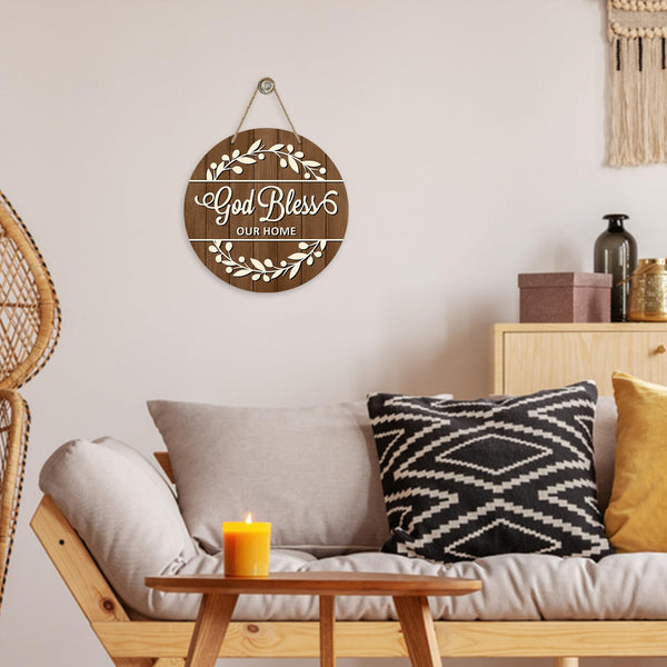 Christian Bless Our Home Front Door Sign, Religious Faith Farmhouse Wood Door Hanger Outdoor Outside Decor