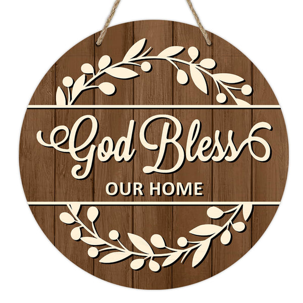 Christian Bless Our Home Front Door Sign, Religious Faith Farmhouse Wood Door Hanger Outdoor Outside Decor