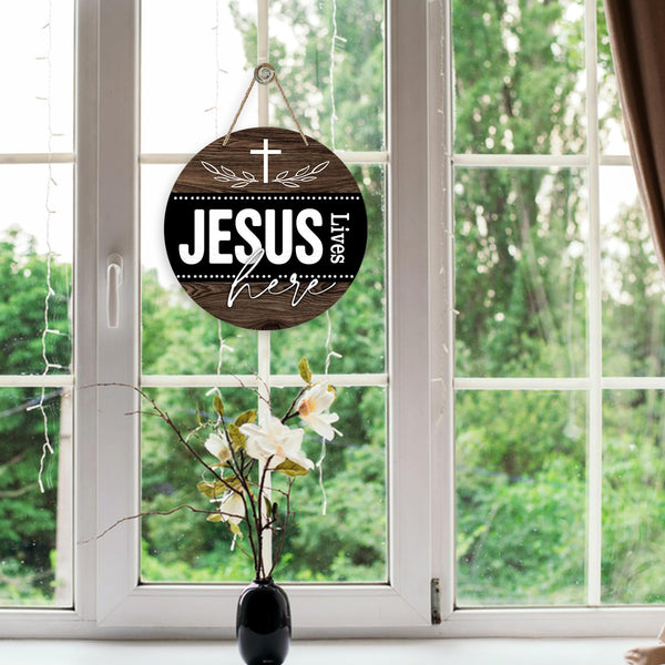 Christian Lives Here Front Door Sign, Religious Faith Farmhouse Wood Door Hanger Outdoor Outside Decor