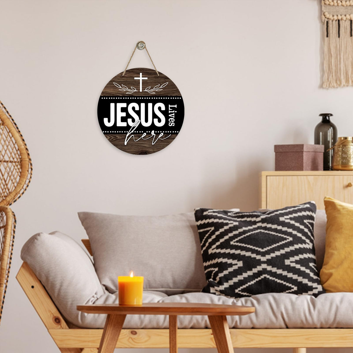 Christian Lives Here Front Door Sign, Religious Faith Farmhouse Wood Door Hanger Outdoor Outside Decor