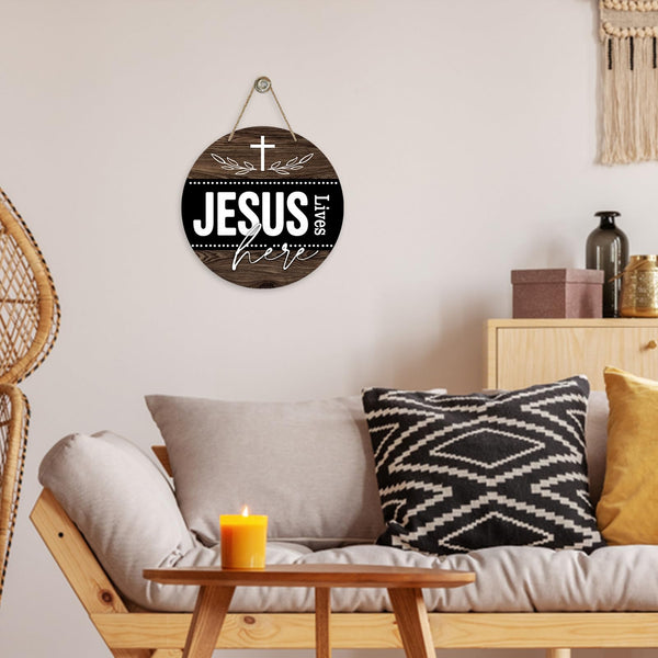 Christian Lives Here Front Door Sign, Religious Faith Farmhouse Wood Door Hanger Outdoor Outside Decor