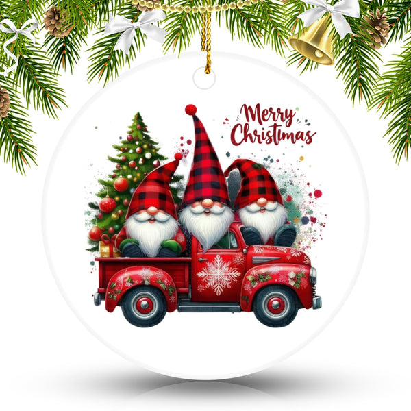 Christmas Gnome Red Truck Ornament – Ceramics Hanging Decoration for Christmas Tree