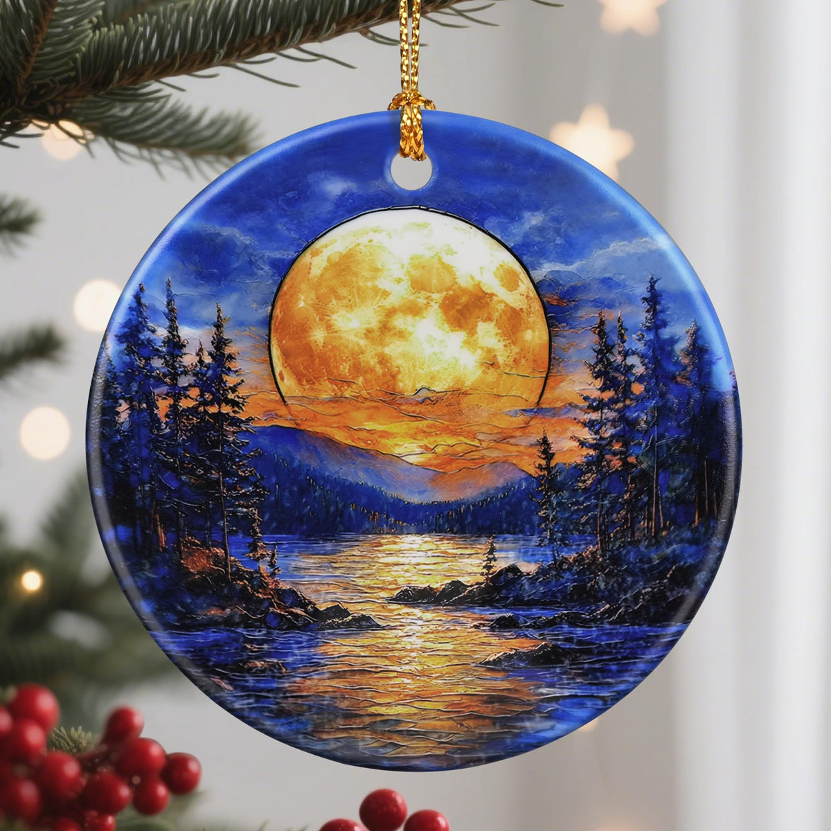 Christmas Ornaments, 2.9 Inch Ceramic Hanging Ornament, Christmas Tree Ornaments, Xmas Decorations - Full Moon Over Forest Lake