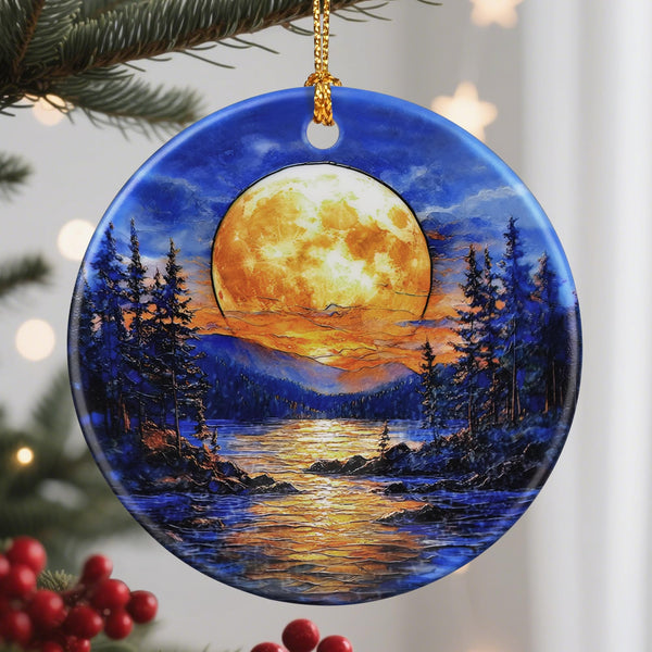 Christmas Ornaments, 2.9 Inch Ceramic Hanging Ornament, Christmas Tree Ornaments, Xmas Decorations - Full Moon Over Forest Lake