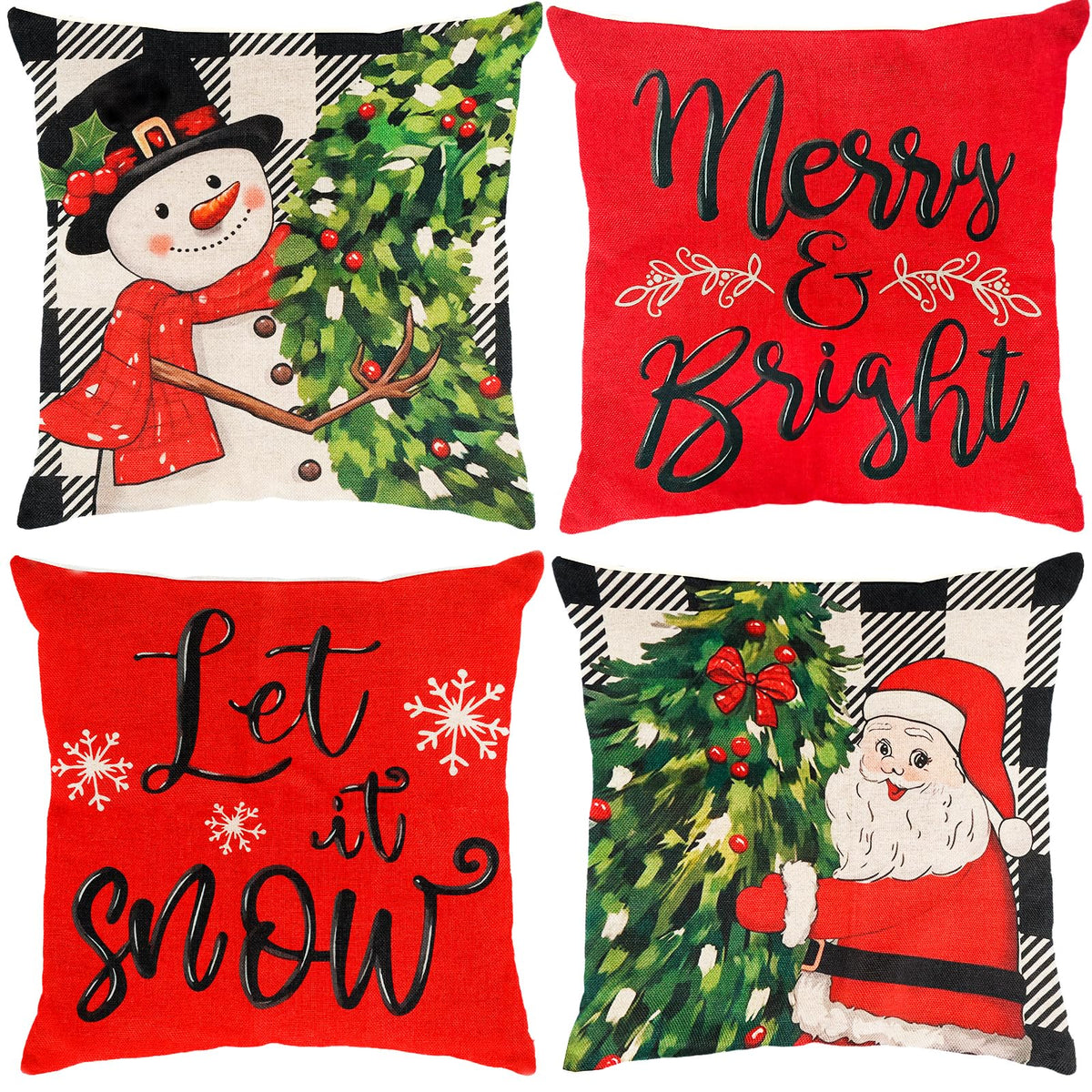Christmas Pillow Covers 18x18 inch Set of 4, Christmas Decorations Snowman Santa Elk Sleigh Truck Plaid Winter Holiday Decor