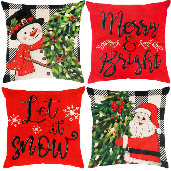 Christmas Pillow Covers 18x18 inch Set of 4, Christmas Decorations Snowman Santa Elk Sleigh Truck Plaid Winter Holiday Decor