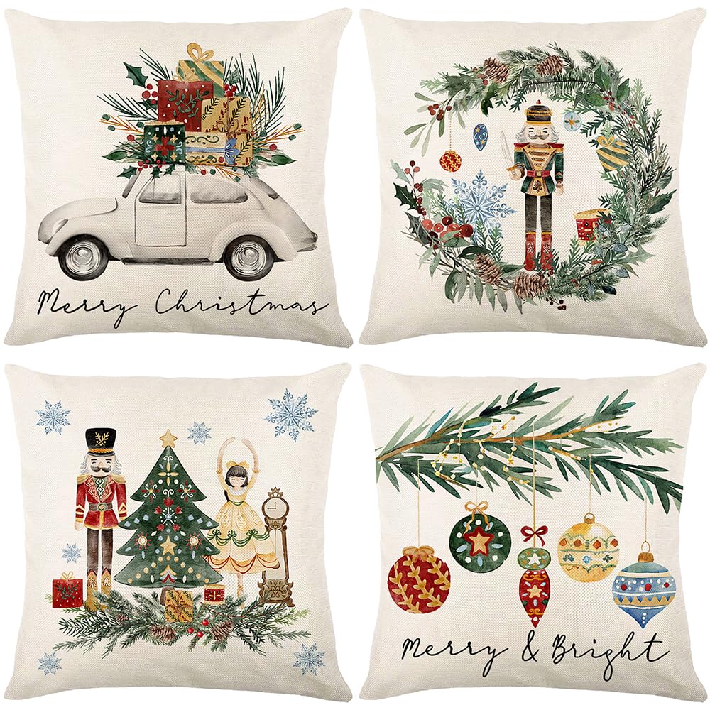 Christmas Throw Pillow Covers 18x18 Set of 4,Merry Christmas Tree Vintage Car Nutcracker Bauble Wreath