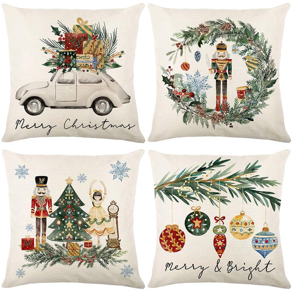 Christmas Throw Pillow Covers 18x18 Set of 4,Merry Christmas Tree Vintage Car Nutcracker Bauble Wreath