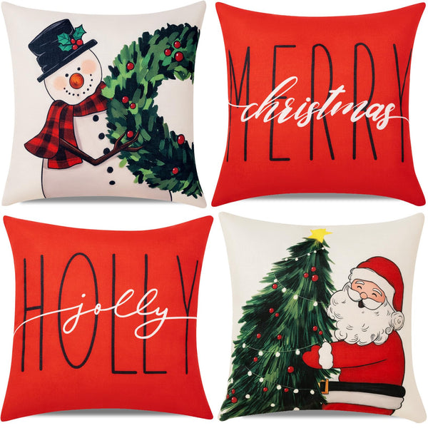 Christmas Throw Pillow Covers 18x18 in Set of 4 Decorations,Decorative Snowman Santa Pillow Case
