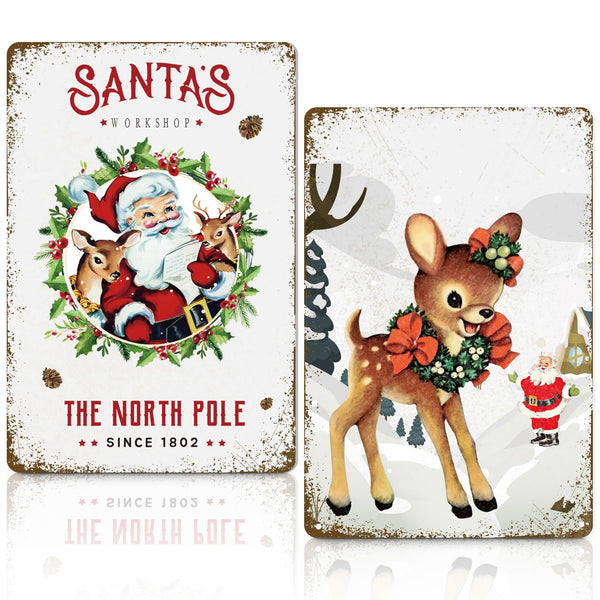 2 Pack Christmas Vintage Decor Santa's Workshop Reindeer Metal Signs Plaque Retro Christmas Wall Art