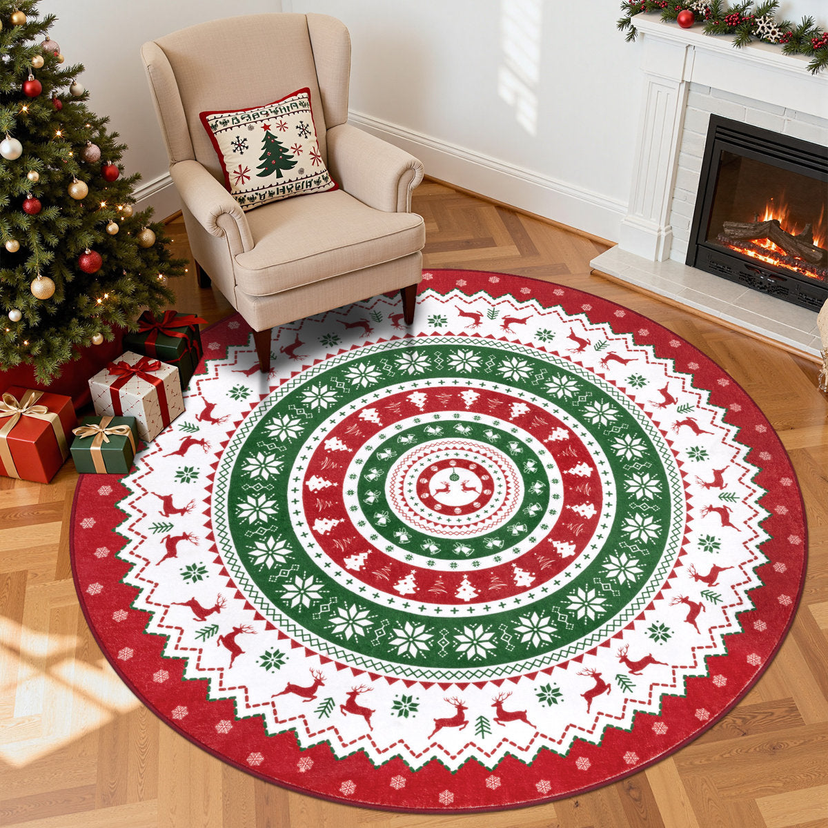 Oversart Christmas Party Machine Washable Area Rug Red/White/Green