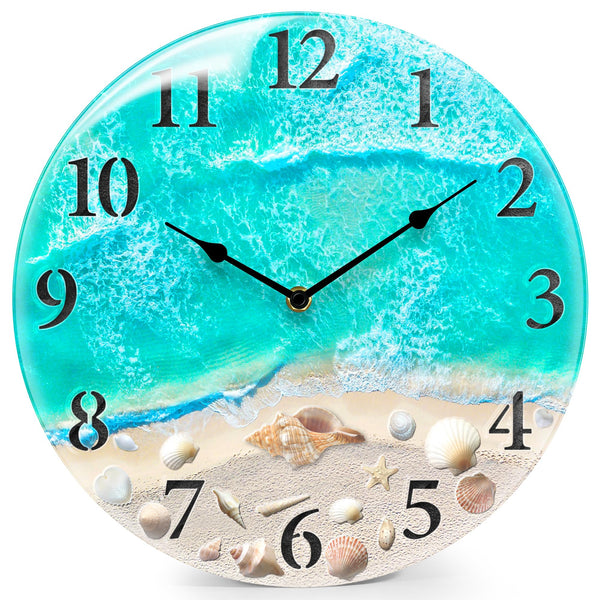 Coastal Nautical Glass Wall Clock with Seashell Design and Aesthetic Beach Theme