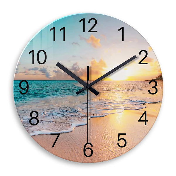 Beach Wall Clock Battery Operated 12 Inch Glass Wall Clock Non Ticking Analog Blue Wall Clocks