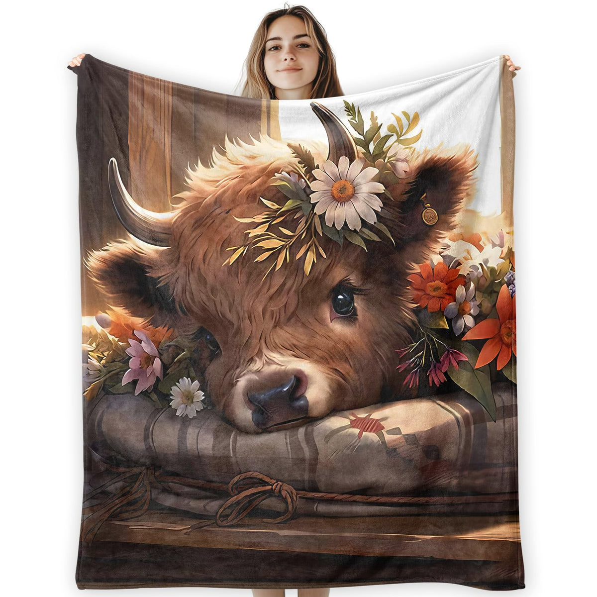 Highland Cow Fleece Throw Blanket 50X60, Cozy Farmhouse Flannel Decor for Couch Bedroom