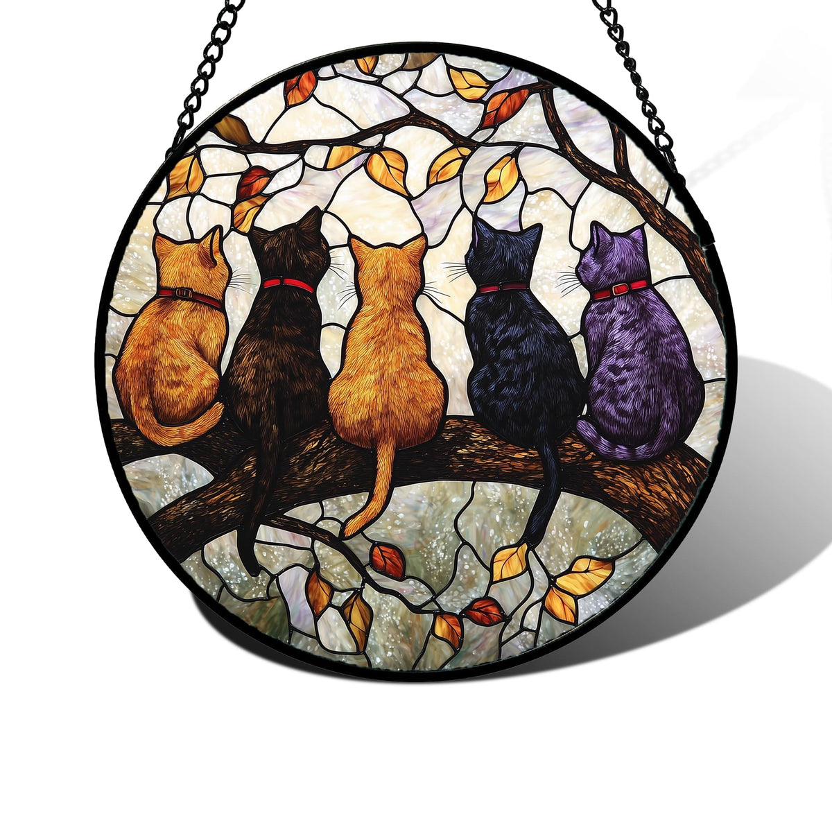Stained Glass Window Hanging - 5 Cats on a Branch Suncatcher for Window Doors Home Decoration and Christmas