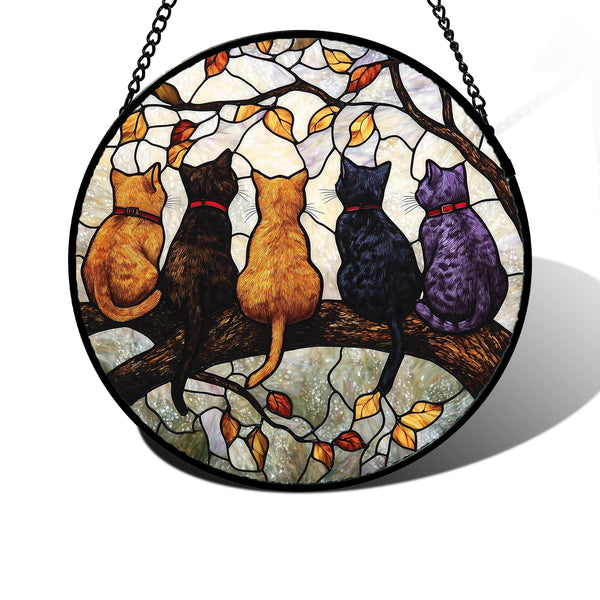 Stained Glass Window Hanging - 5 Cats on a Branch Suncatcher for Window Doors Home Decoration and Christmas