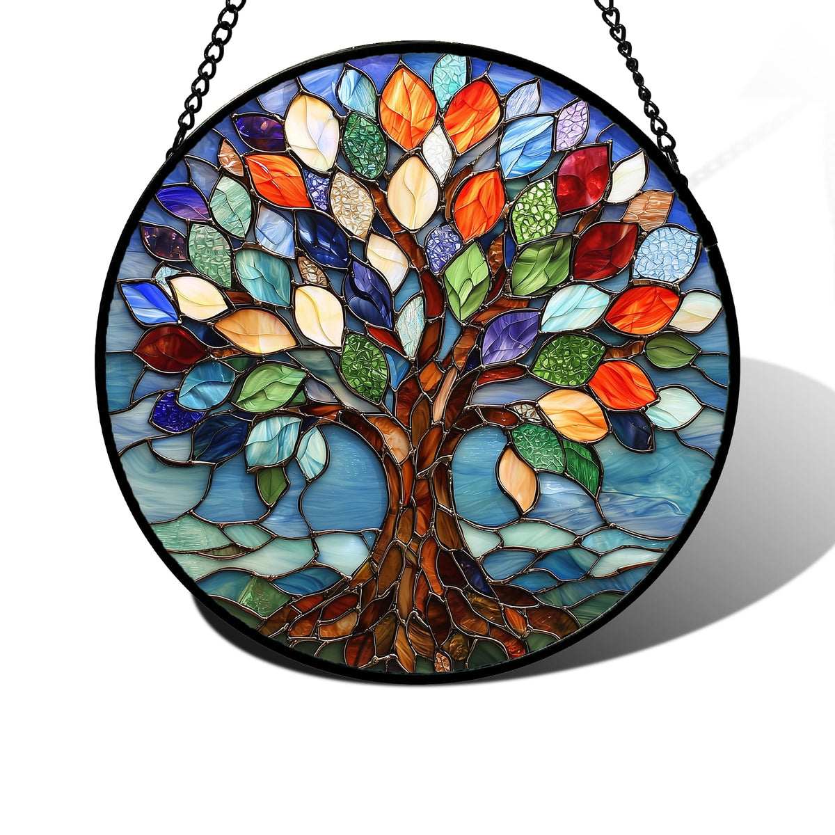 Stained Glass Window Hanging, Colorful Tree of Life Sun Catchers Glass Panel Blue Suncatcher Decor