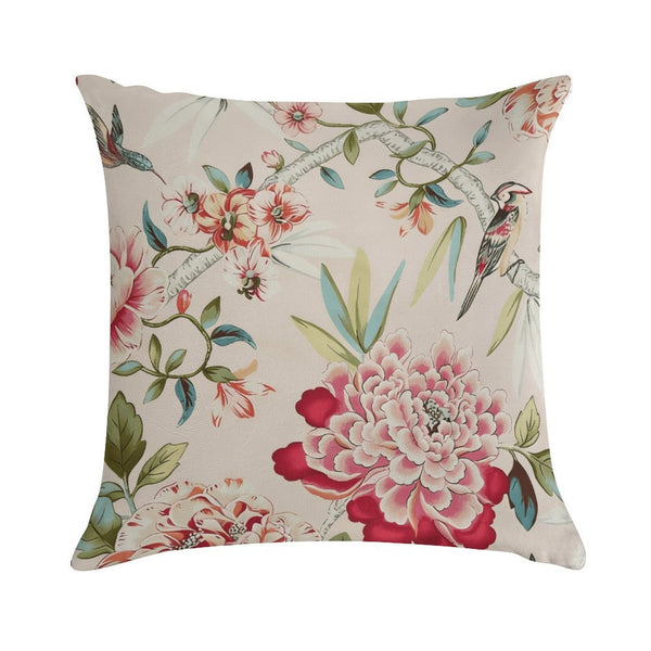 Bird and Peony Pillow Cover, Chinoiserie Floral Accent Cushion in Coral, Red, Sage, Seafoam & Blush, 18x18 Decorative Throw Pillow for Sofa