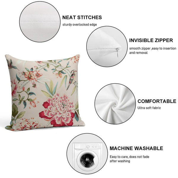 Bird and Peony Pillow Cover, Chinoiserie Floral Accent Cushion in Coral, Red, Sage, Seafoam & Blush, 18x18 Decorative Throw Pillow for Sofa