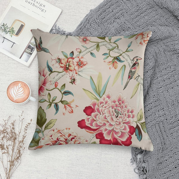 Bird and Peony Pillow Cover, Chinoiserie Floral Accent Cushion in Coral, Red, Sage, Seafoam & Blush, 18x18 Decorative Throw Pillow for Sofa