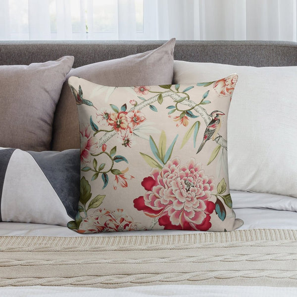 Bird and Peony Pillow Cover, Chinoiserie Floral Accent Cushion in Coral, Red, Sage, Seafoam & Blush, 18x18 Decorative Throw Pillow for Sofa