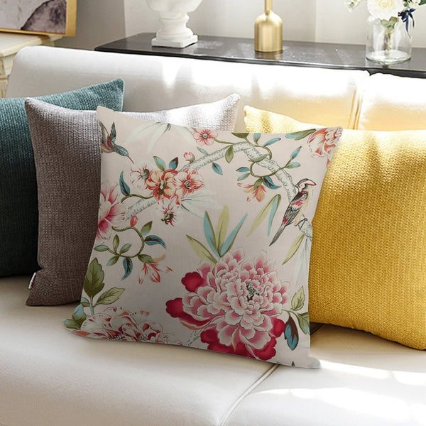 Bird and Peony Pillow Cover, Chinoiserie Floral Accent Cushion in Coral, Red, Sage, Seafoam & Blush, 18x18 Decorative Throw Pillow for Sofa