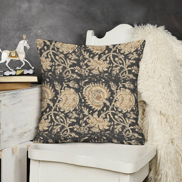 Vintage Floral Print Throw Pillow Covers 18x18 Set of 2 Neutral Modern Farmhouse Pillowcases, Black