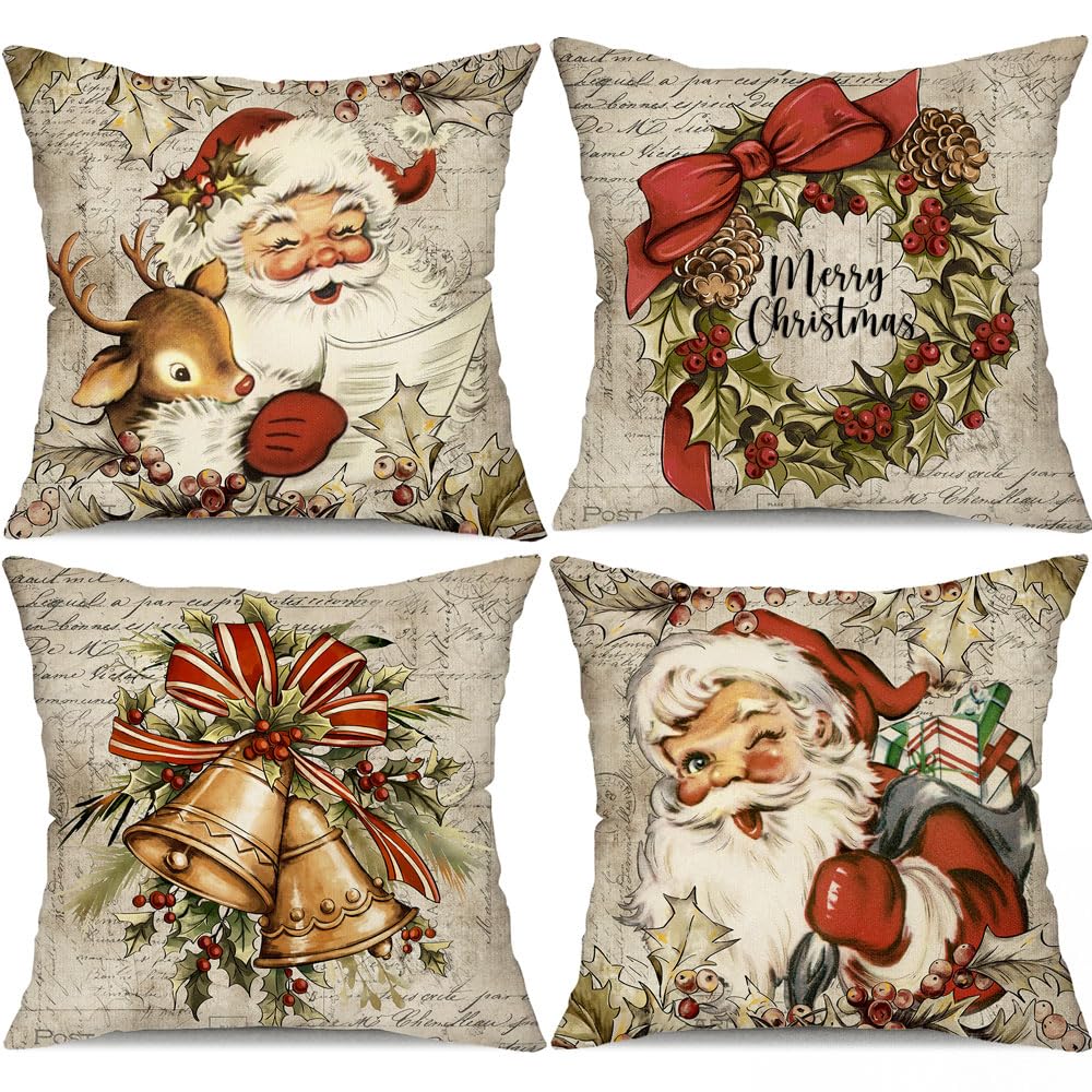 Christmas Pillow Covers 18x18 inch Set of 4 Santa Claus Reindeer