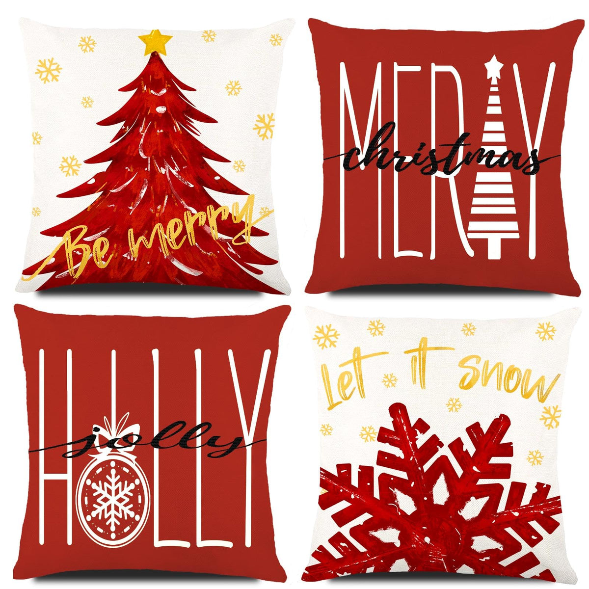 4PCS Christmas Pillow Covers 18x18 inch Winter Throw Pillow Covers Red Merry Christmas Tree Snowflake