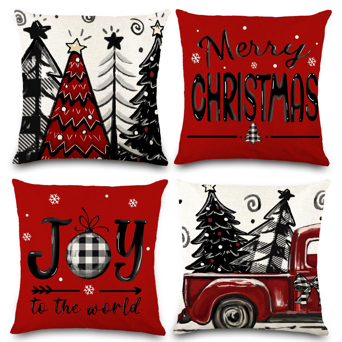 4pcs Christmas Pillow Covers 18x18 Inch Red Pillow Covers Xmas Decorations Buffalo Tree Truck