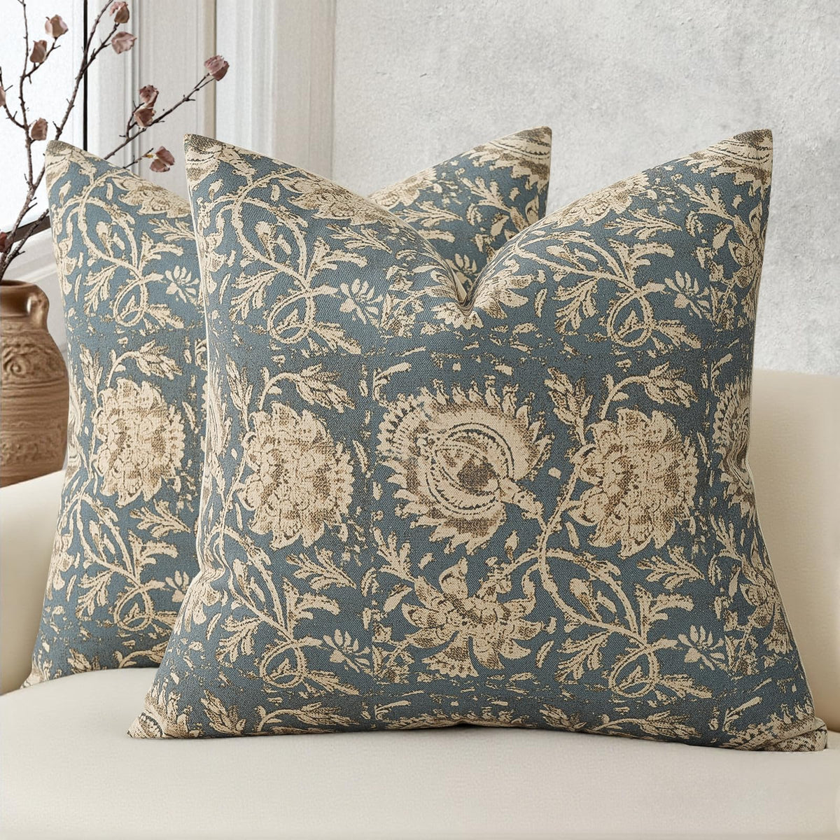 Vintage Floral Print Throw Pillow Covers 18x18 Set of 2 Neutral Modern Farmhouse Pillowcase Accent
