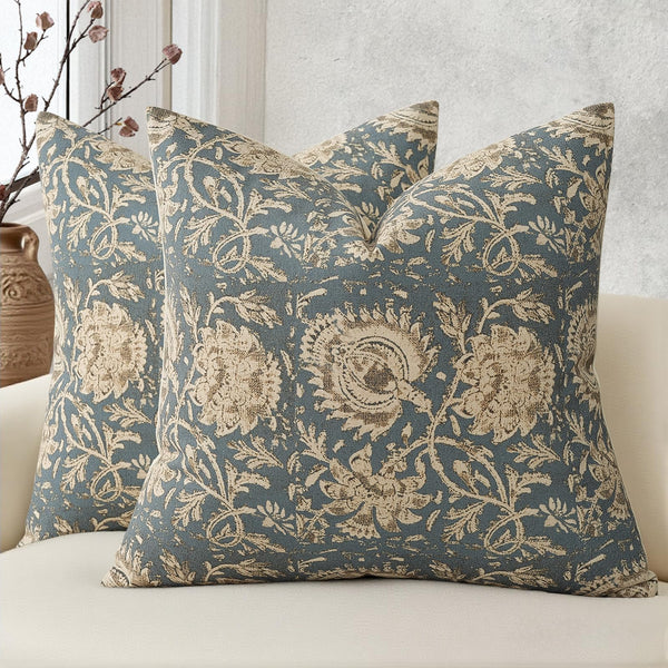 Vintage Floral Print Throw Pillow Covers 18x18 Set of 2 Neutral Modern Farmhouse Pillowcase Accent