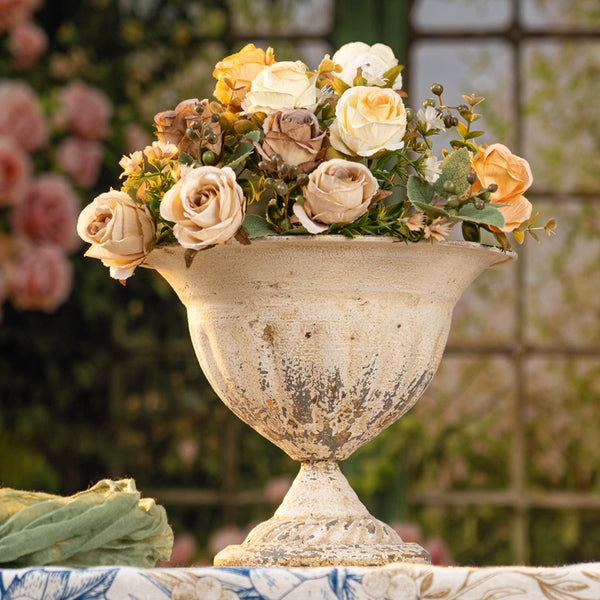 Rustic Distressed Metal Urn Planter – Antique Farmhouse Compote For Floral Displays & Wedding Centerpieces