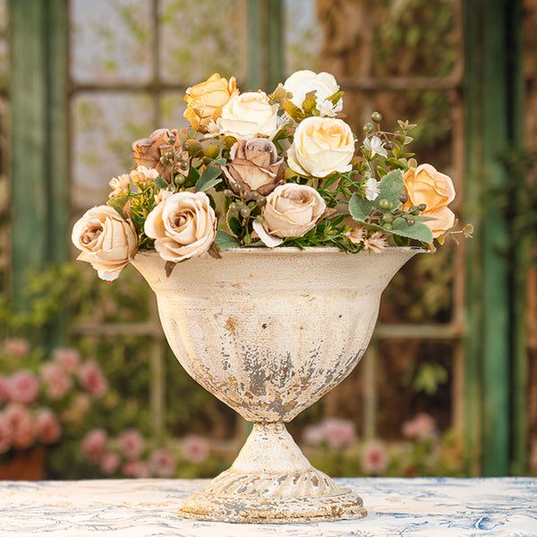 Rustic Distressed Metal Urn Planter – Antique Farmhouse Compote For Floral Displays & Wedding Centerpieces