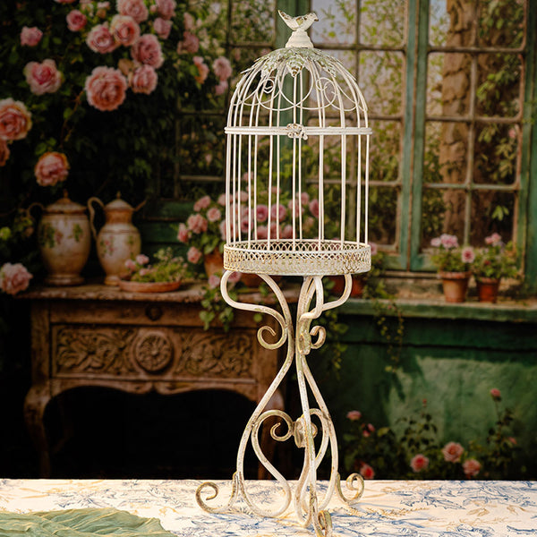 Rustic White Birdcage Planter Stand – Vintage Distressed Metal Plant Holder For Farmhouse Decor