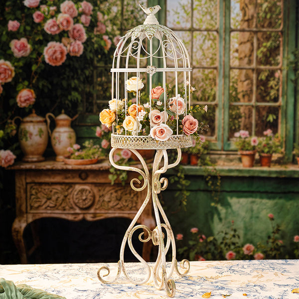 Rustic White Birdcage Planter Stand – Vintage Distressed Metal Plant Holder For Farmhouse Decor