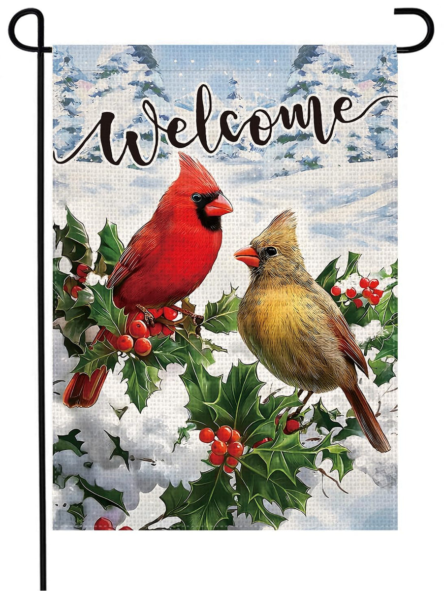 Welcome Winter Garden Flag 12x18 Inch 1-Side Burlap Red Cardinal Bird Holly Berry Snow