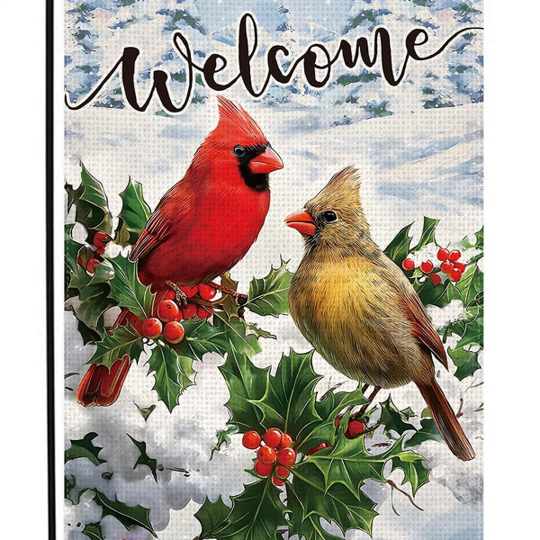 Welcome Winter Garden Flag 12x18 Inch 1-Side Burlap Red Cardinal Bird Holly Berry Snow