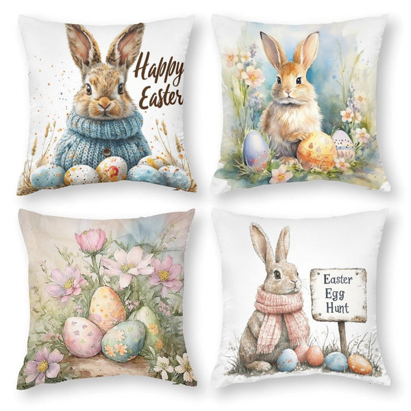 Waterproof Easter Decoration Bunny Throw Pillow Covers 18"x18" 4 Pack, 1-Side, Cotton Linen