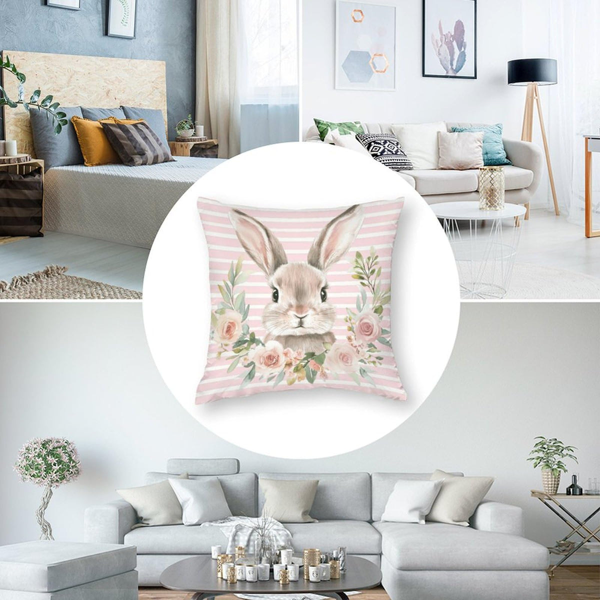 Waterproof Easter Throw Pillow Cases Set of 4, Chic Rabbits Carrot Flower, 1-Side, Cotton Linen