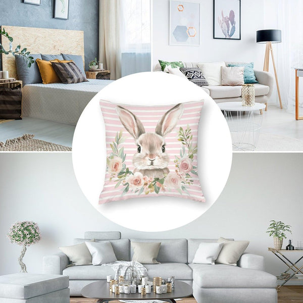 Waterproof Easter Throw Pillow Cases Set of 4, Chic Rabbits Carrot Flower, 1-Side, Cotton Linen